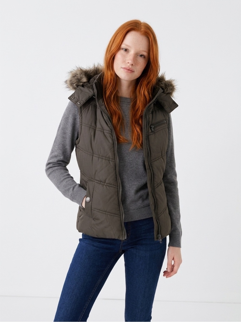 Hooded Puffer Vest with Faux Fur Trim - Dark Brown
